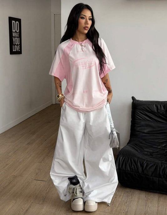 Coolane Women's Streetwear Oversized Racing Motorcycle Print Color Block Raglan Sleeve T-Shirt