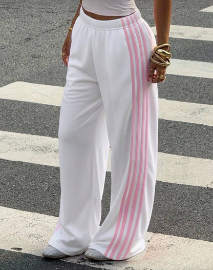 Muchica Women's White Striped Knitted Sweatpants Extra Long Straight
Leg Pink Side Stripe Loose Fit Casual Track Pants For Everyday Wear White Beach Pants White Wide Leg Pants Women Wide Pants Wide Leg Summer Pants Palazzo Pants Women White Track Pants Wo