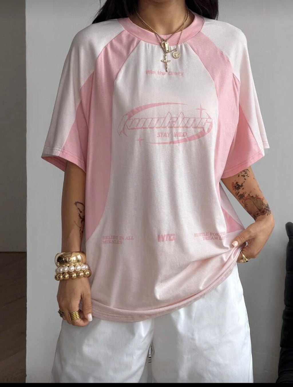 Coolane Women's Streetwear Oversized Racing Motorcycle Print Color Block Raglan Sleeve T-Shirt