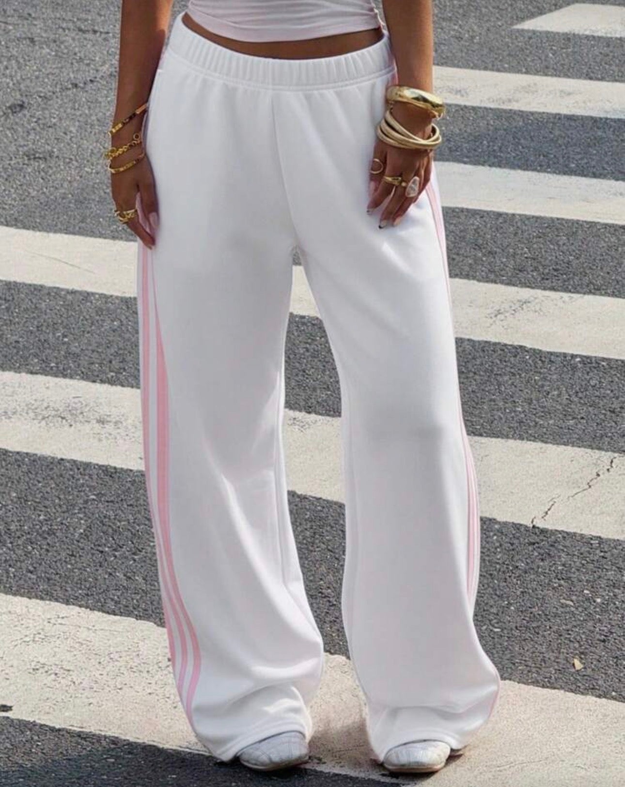 Muchica Women's White Striped Knitted Sweatpants Extra Long Straight
Leg Pink Side Stripe Loose Fit Casual Track Pants For Everyday Wear White Beach Pants White Wide Leg Pants Women Wide Pants Wide Leg Summer Pants Palazzo Pants Women White Track Pants Wo