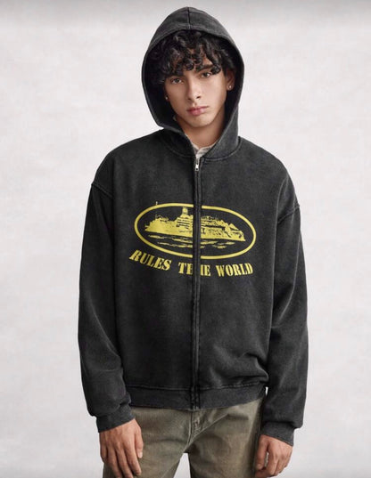 Open Phase Washed Men's
Autumn Drop Shoulder Zip Front Vintage Graphic Print Casual Hoodie Spring To Summer INS, Daily Matching