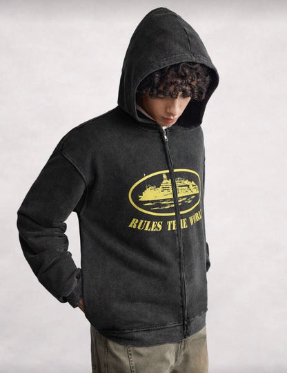 Open Phase Washed Men's
Autumn Drop Shoulder Zip Front Vintage Graphic Print Casual Hoodie Spring To Summer INS, Daily Matching