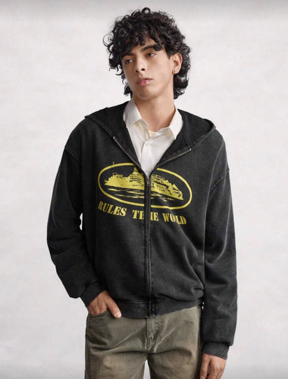 Open Phase Washed Men's
Autumn Drop Shoulder Zip Front Vintage Graphic Print Casual Hoodie Spring To Summer INS, Daily Matching