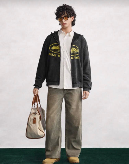 Open Phase Washed Men's
Autumn Drop Shoulder Zip Front Vintage Graphic Print Casual Hoodie Spring To Summer INS, Daily Matching