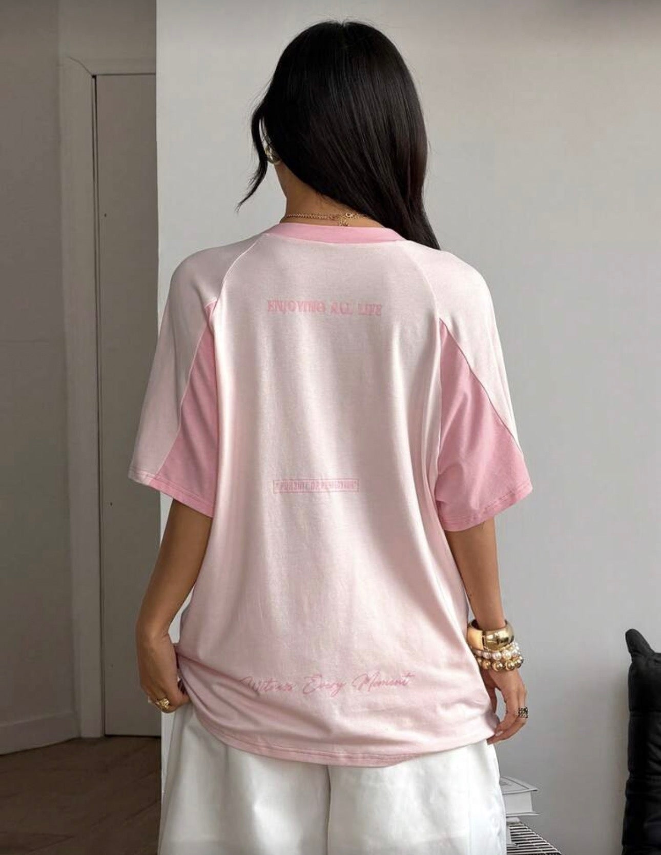 Coolane Women's Streetwear Oversized Racing Motorcycle Print Color Block Raglan Sleeve T-Shirt