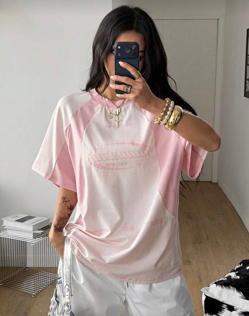 Coolane Women's Streetwear Oversized Racing Motorcycle Print Color Block Raglan Sleeve T-Shirt