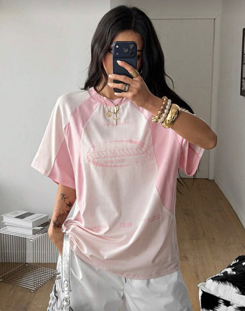 Coolane Women's Streetwear Oversized Racing Motorcycle Print Color Block Raglan Sleeve T-Shirt